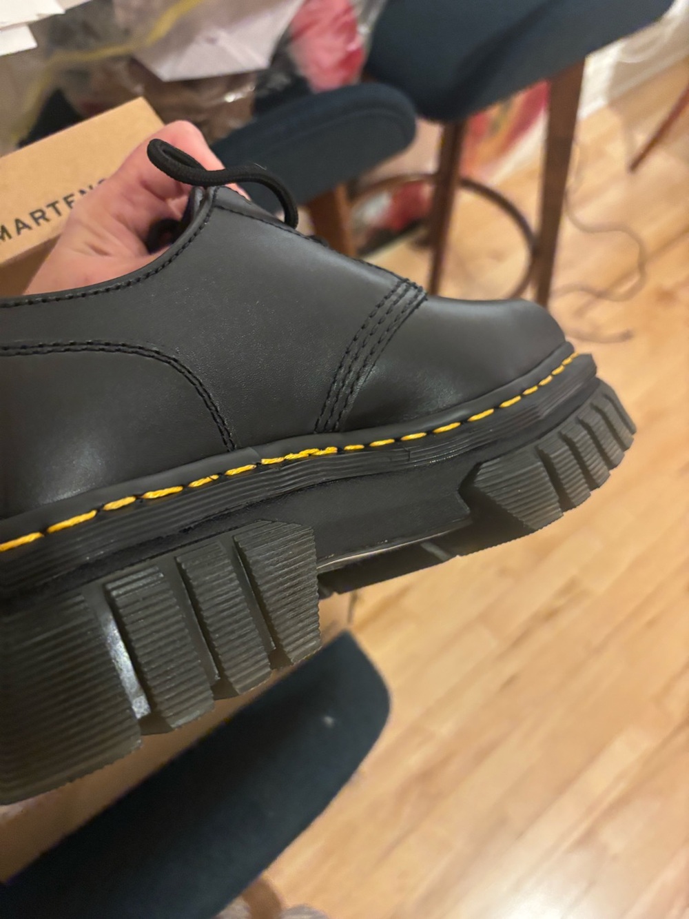 Dr. Martens Black Leather Platform Derby Shoes with Yellow Stitching - Picture 7 of 12